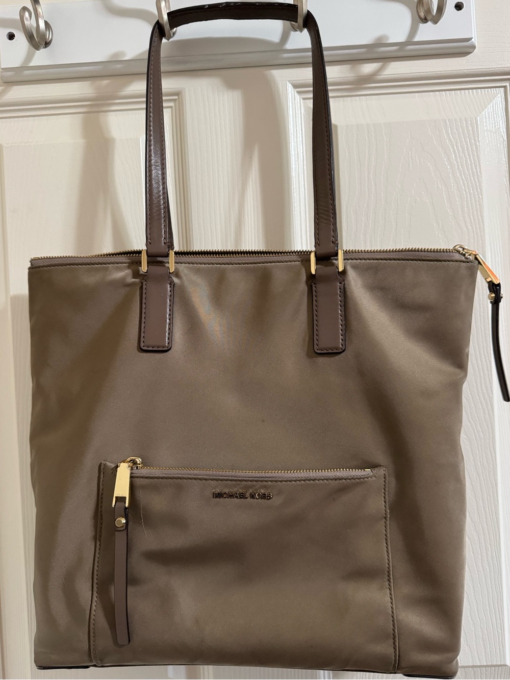 Michael Kors Taupe Brown Leather-Trim Tote with Front Zip Pocket